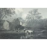 John Holland, Cattle watering by Manx mill, oil on canvas, Monochrome, signed, 24 x 32 ins