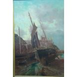 J.H. Butterworth, Cleaning PL42 low tide Peel Harbour, Oil on canvas, Signed, 30 x 20 ins.