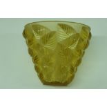 R. Lalique yellow glass conical shaped vase with overlapping leaf decoration in relief signed R