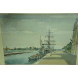 John Hobson Nicholson, Ships moored Continental canal, watercolour, signed, 11 x 15 ins