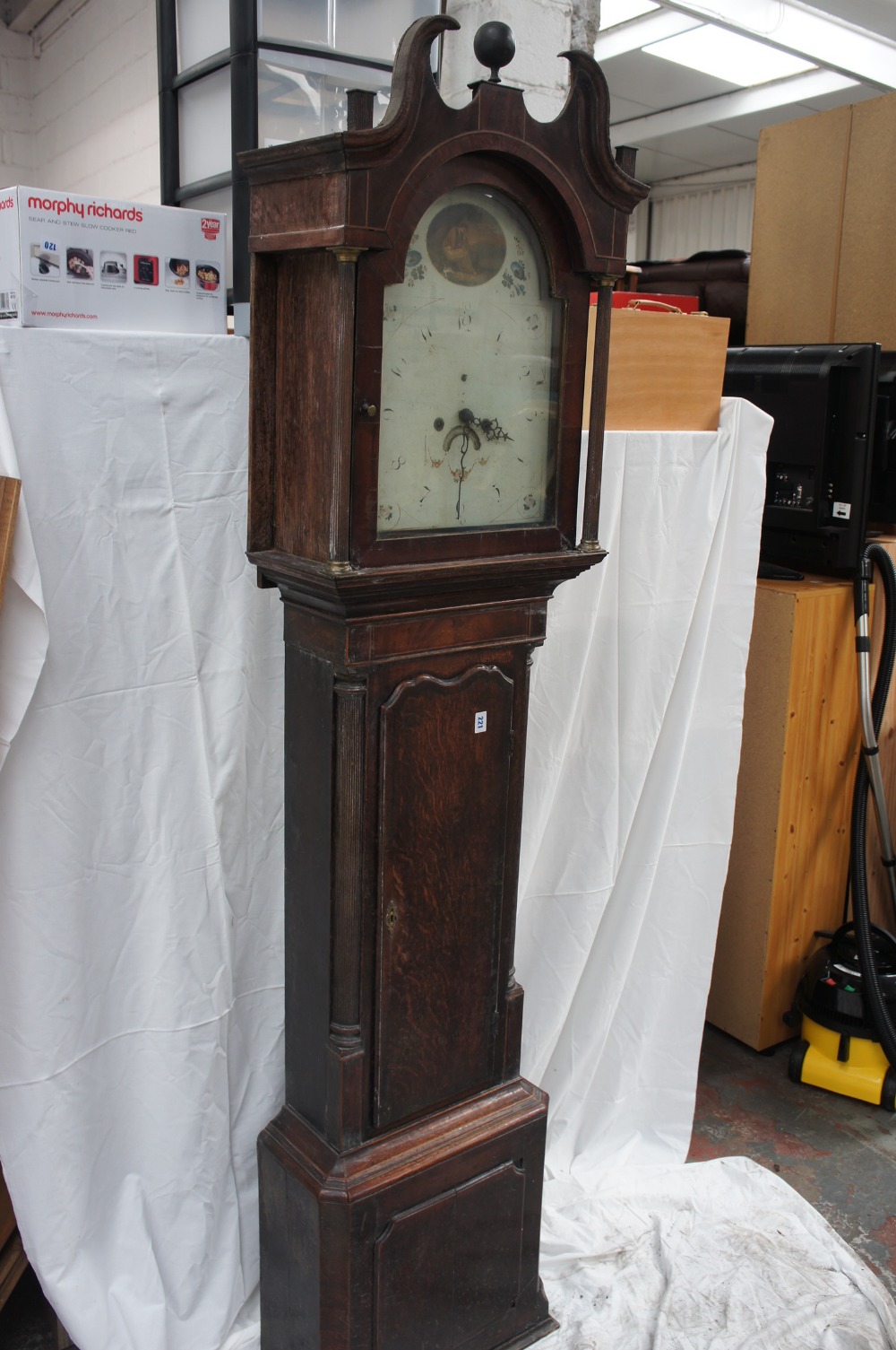 GIII oak and mahogany crossbanded eight day long case clock with painted arch dial - Tamworth - Image 2 of 2