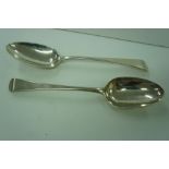 A pair of GIII silver table spoons plain form London 1800 4 1/2 ozt, maker GB