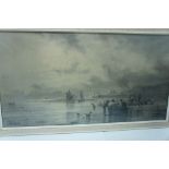 John Holland, figures on the beach at lowtide Douglas, charcoal, signed, 15 X 28ins