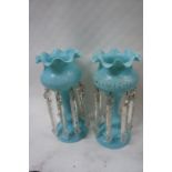 A pair of turquoise coloured glass fluted lusters - height 12ins