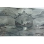 J.H. Butterworth, A montage of seaside castles in Britain, charcoal monochrome, signed and dated