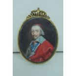 Oval portrait miniature of Cardinal Richelieu in a brass frame, 1.75 X 1.5ins