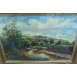 Raymund Dearn - Calves watering in the Sulby River, Oil on canvas, signed, 16 x 24 ins