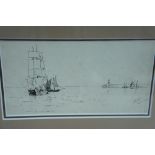 John Miller Nicholson, Ships off Douglas breakwater, Ink sketch, signed initials, 3.5 x 6 ins