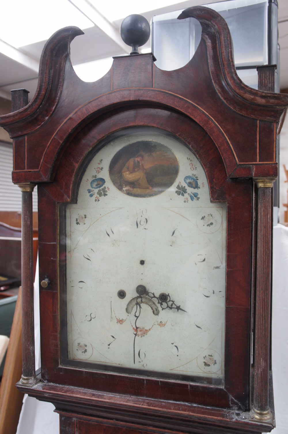 GIII oak and mahogany crossbanded eight day long case clock with painted arch dial - Tamworth