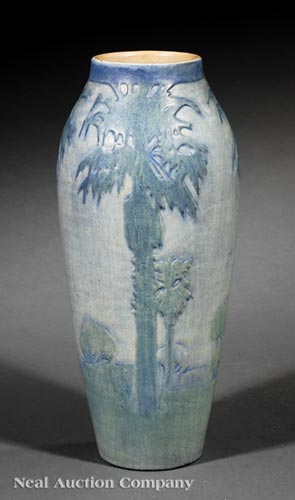 Newcomb College Art Pottery Vase , 1919, decorated by Sadie Irvine with a Moon and Palm Tree design,