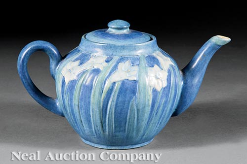 Newcomb College Art Pottery Teapot , 1928, decorated by Anna Frances Simpson with relief-carved