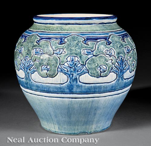 Newcomb College Art Pottery High Glaze Jardiniere , 1906, decorated by Leona Nicholson with an