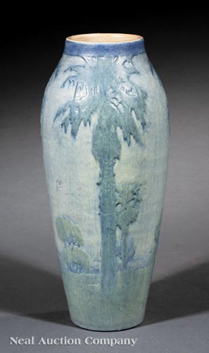 Newcomb College Art Pottery Vase , 1919, decorated by Sadie Irvine with a Moon and Palm Tree design, - Image 2 of 3
