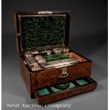 English Mother-of-Pearl Inlaid Burl Walnut Necessaire de Toilette, 19th c., interior fitted with