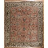 Persian Tabriz Carpet, red ground, vining floral design, 9 ft. 7 in. x 11 ft