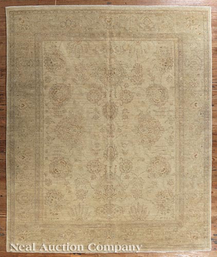 Oushak Carpet, khaki ground, stylized floral designs, 7 ft. 9 in. x 9 ft. 8 in