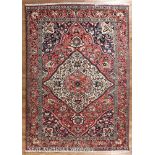 Persian Bactairie Carpet, red, cream and blue ground, central medallions, overall floral design, 6