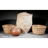 Four Louisiana Woven Baskets, 19th c., incl. one Choctaw or Coushatta-made lidded basket, h. 28 in.,