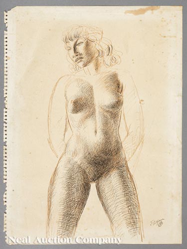 Enrique Alferez (American/New Orleans, 1901-1999), "Standing Female Nude", pen and ink on paper,