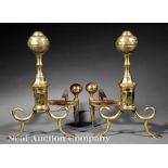 Pair of Antique American Brass Andirons and Fire Tools, 19th c., ball top, faceted shaft, scroll