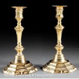 Fine Pair of French Huguenot Brass Candlesticks, probably early 18th c., each with removable