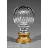 French or English Faceted Glass Newel Post Finial, 19th c., brass plinth, h. 5 1/4 in