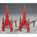Pair of American Gothic Cast Iron Andirons, c. 1865, marked "Savery & Co., Philadelphia", later