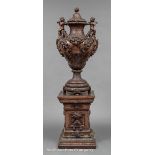 Highly Decorative Neoclassical-Style Patinated Metal Urn and Pedestal, urn with acanthus scroll