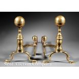 Pair of American Federal Brass Ball-Top Andirons, early 19th c., marked "J. Molineaux/ Founder/