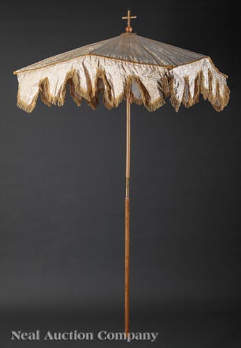 Ecclesiastical Processional Umbrella, c. 1900, cross finial, white damask with gold fringe, h. 73