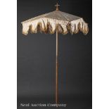 Ecclesiastical Processional Umbrella, c. 1900, cross finial, white damask with gold fringe, h. 73