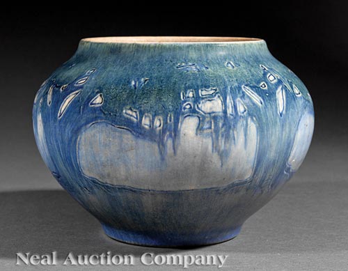 Newcomb College Art Pottery Vase, 1913, decorated by Sadie Irvine with a landscape design of moss- - Image 3 of 4