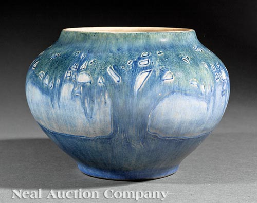Newcomb College Art Pottery Vase, 1913, decorated by Sadie Irvine with a landscape design of moss- - Image 2 of 4