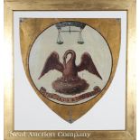 Antique Tole Peinte Louisiana Centennial Shield, c. 1889, obverse depicting a pelican in her