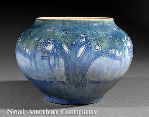 Newcomb College Art Pottery Vase, 1913, decorated by Sadie Irvine with a landscape design of moss-