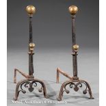 Pair of Spanish Colonial Wrought Iron and Brass Andirons, 18th c., tapered shaft, incised
