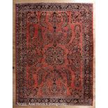 Antique Persian Lilihan Carpet, red ground, stylized floral vases, floral border, 9 ft. 2 in. x 11