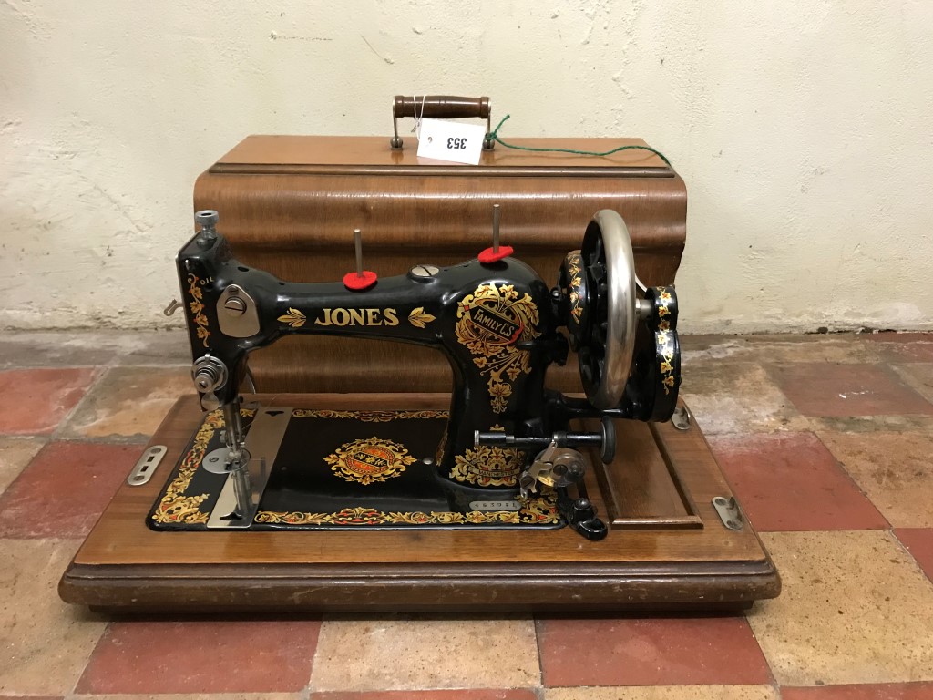 A Jones Manual sewing machine with gilt floral decoration in a walnut case. Est £15-30 - Image 2 of 2