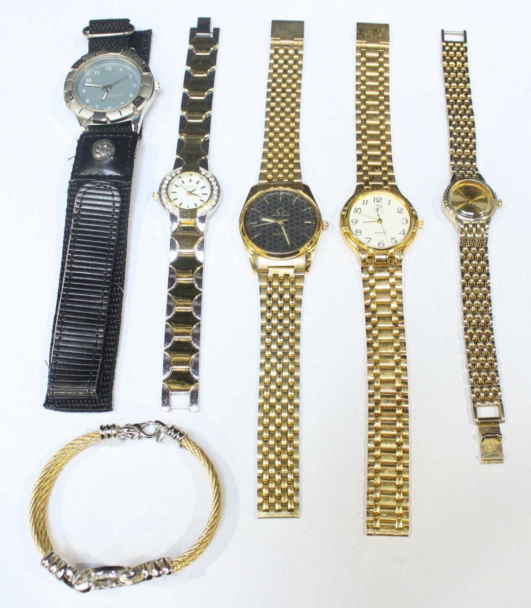 Five various quartz wristwatches, together with a bi-colour metal bracelet.