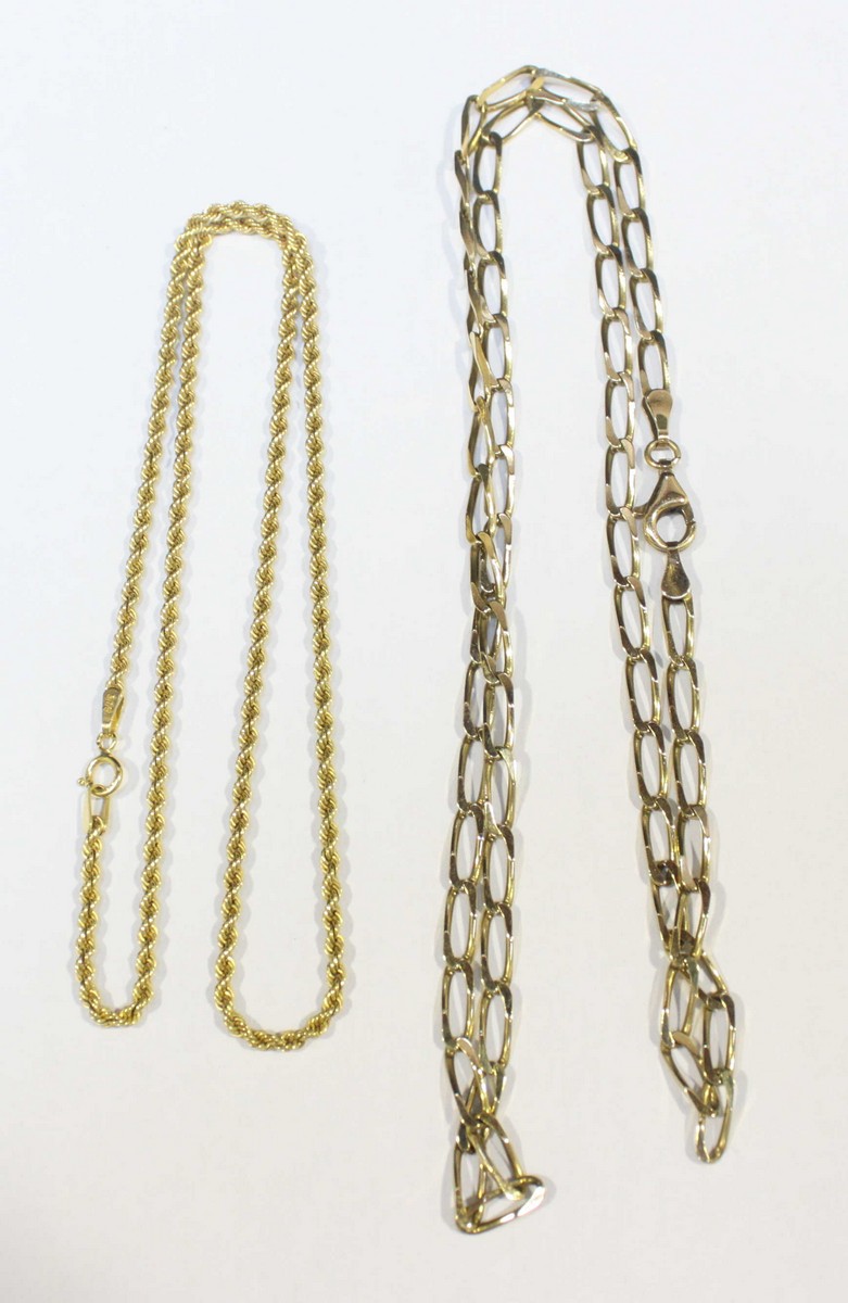 A 9ct gold rope-twist necklace together with a 9ct gold Rada link necklace chain, 11.35grams