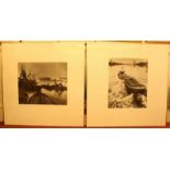 Two monochrome photographic prints of boats on a river, one showing a tug boat pulling a barge on