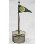 An unusual white metal and wooden trophy with pole and pennant inscribed, The Green Pennant for