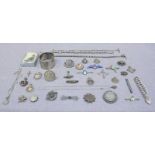 A collection of various Silver jewellery, including a heart locket bracelet, 4 enamel brooches