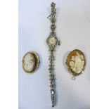 A white metal ladies cocktail watch, the entirety set with marcasite stones, together with two cameo