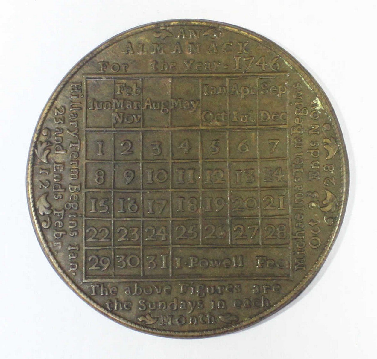 John Powell of Birmingham, a brass Calendar medal depicting both the Julian and Gregorian calendars,