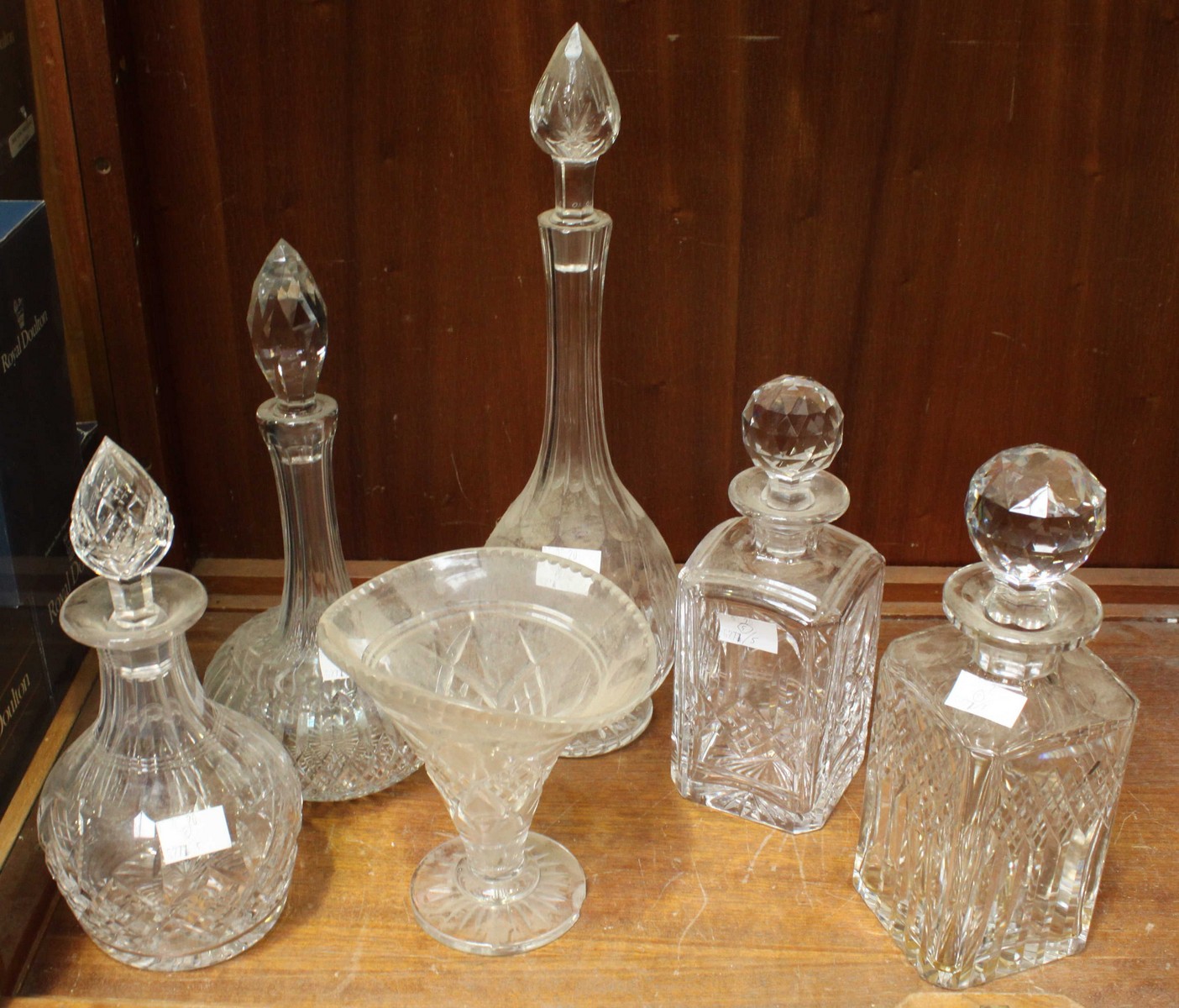 A group of 5 glass decanters, three by Stuart and two by Thomas Webb, tallest 41cm high smallest