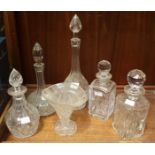 A group of 5 glass decanters, three by Stuart and two by Thomas Webb, tallest 41cm high smallest