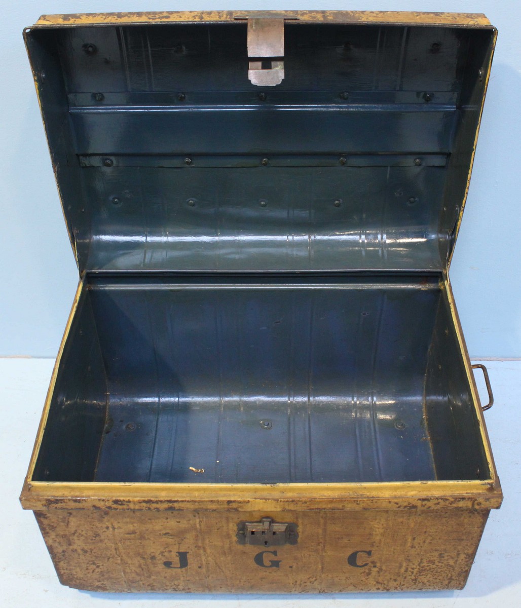 A large metal trunk with initials "J.G.C" written to front, painted to simulate wood, 69cm wide 46cm - Image 2 of 2