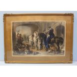 A Victorian colour print depicting a hawking party, possibly Queen Victoria and Prince Albert. 56