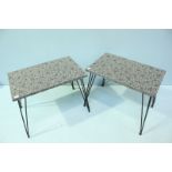 A pair of 1960's Formica occasional tables, the tops decorated with a broken eggshell design and